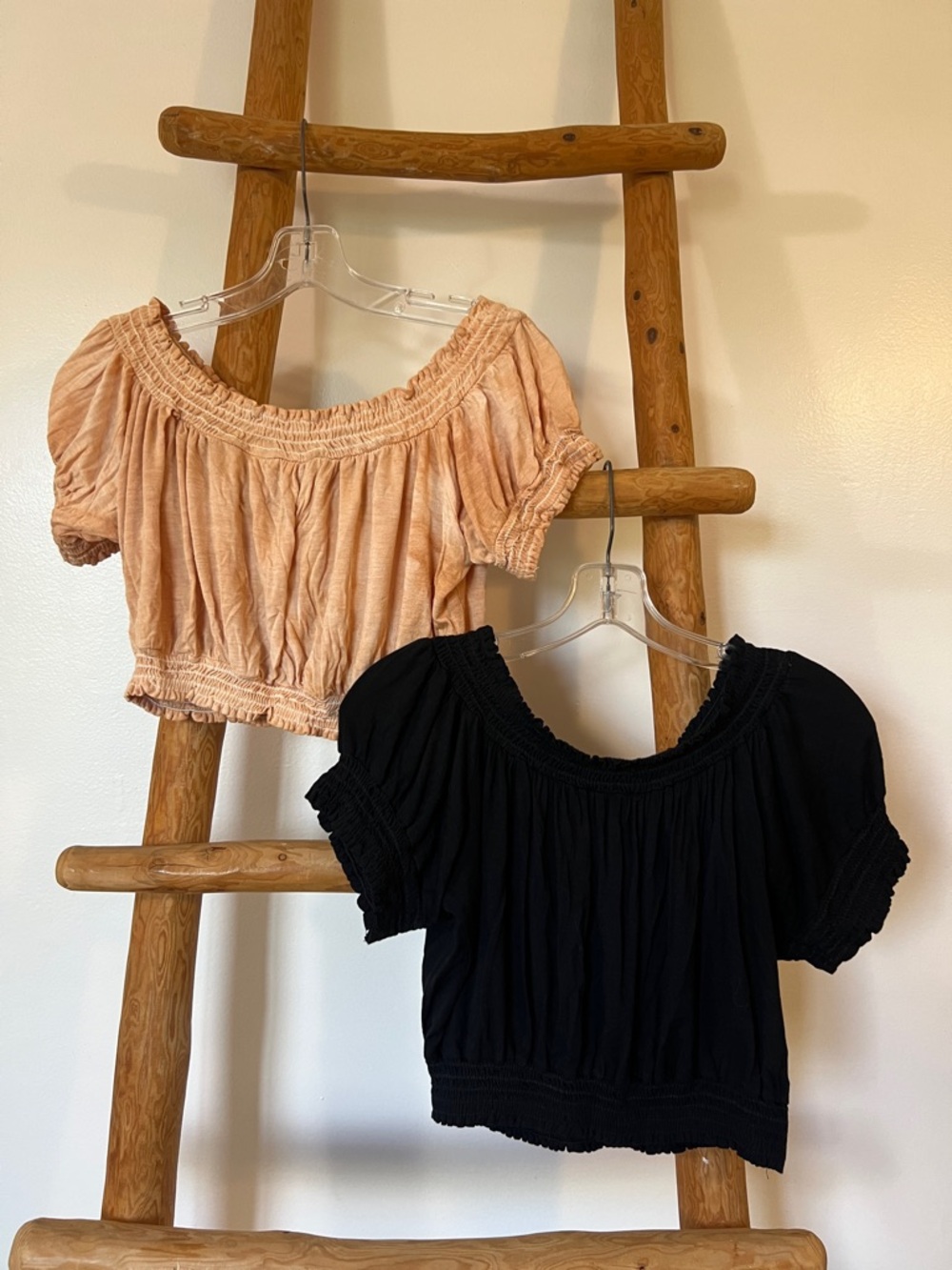 Arden B Off-Shoulder Crop Top Duo in Peach and Black